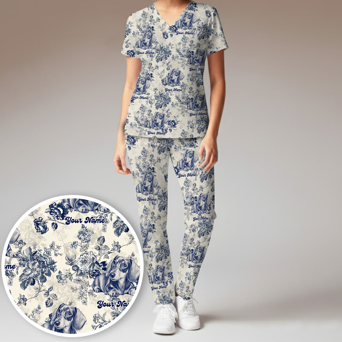 Personalized Vintage Floral Dachshund Portrait Scrub Set, Scrub Pants and V Neck Top
