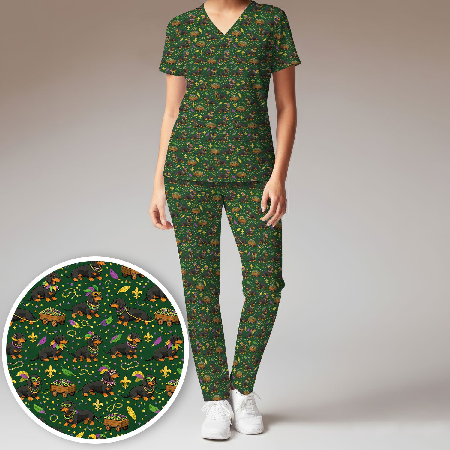 Funny Mardi Gras Dachshund Scrub Set, Festival Wiener Dog Pattern Nurse Shirt, Breathable Fabrics Nursing Uniform