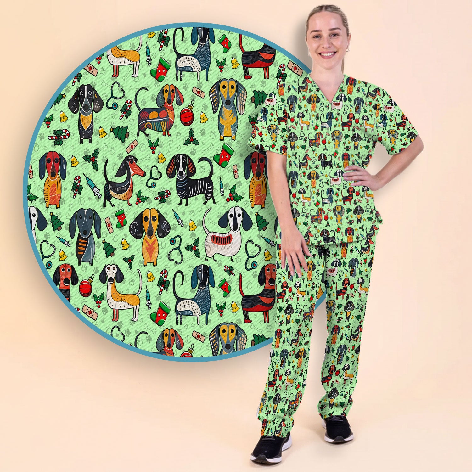 Dachshund Christmas Scrub Set - Cute Wiener Dog Pants and V Neck Top - Holiday Medical Uniform