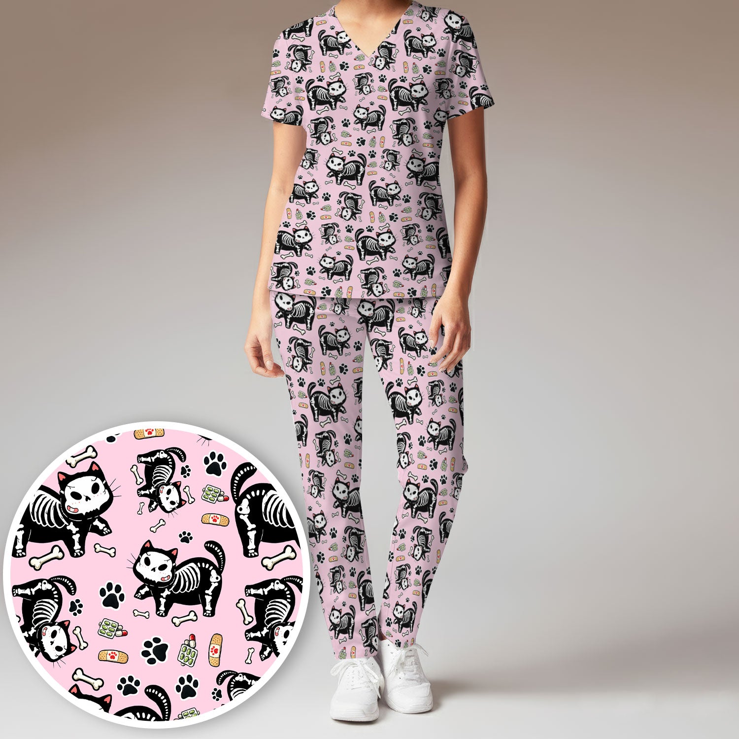 Skeleton Cat Medical Pattern Scrub Set, Scrub Pants and V Neck Top