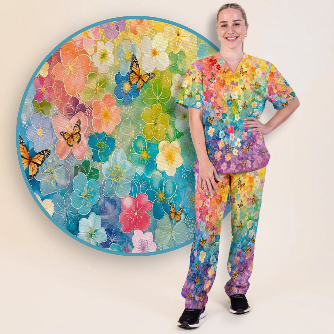 Rainbow Butterfly Floral Blossom Pattern Scrub Set, Scrub Pants and V Neck Top