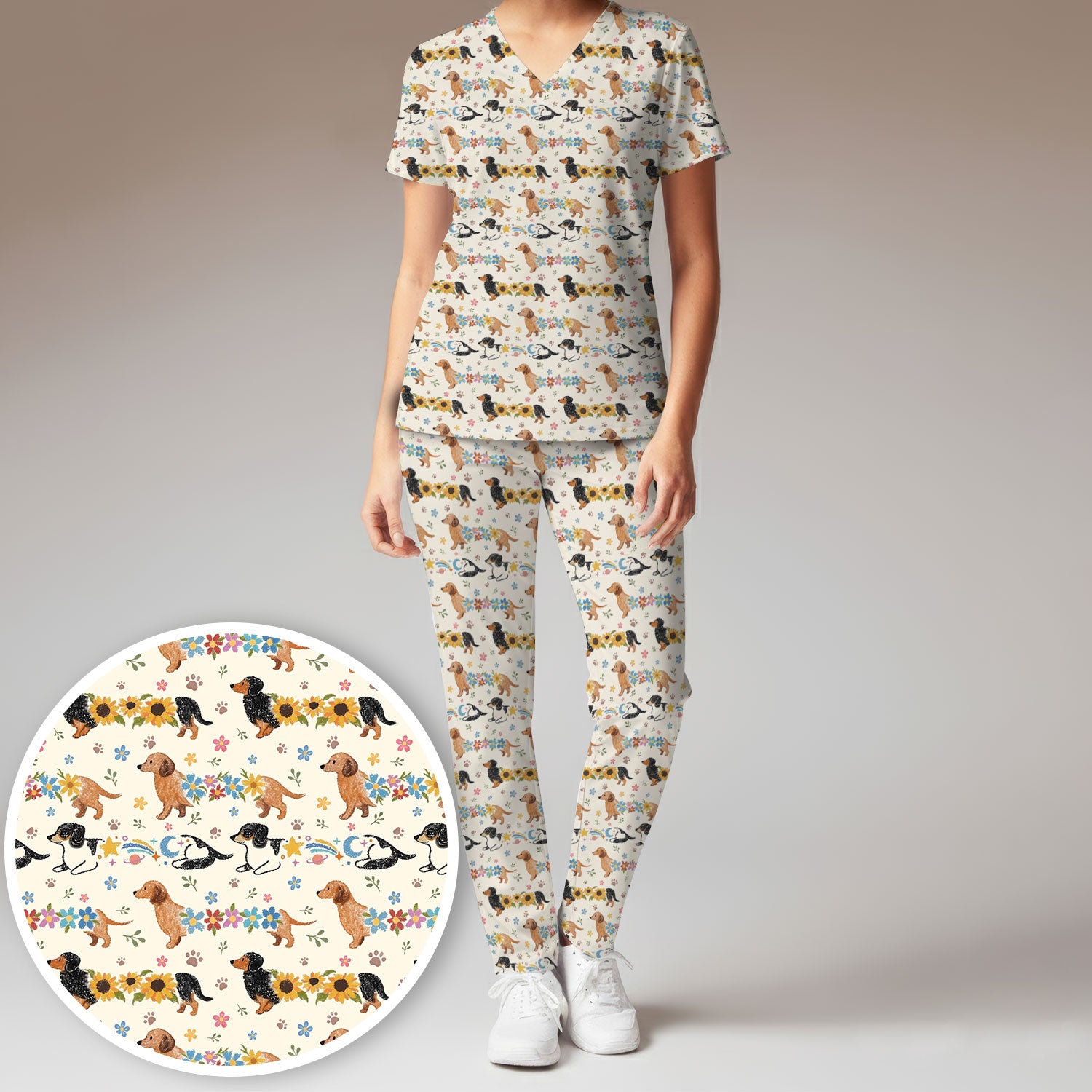 Floral Wiener Dog Pattern Scrub Set, Scrub Pants and V Neck Top