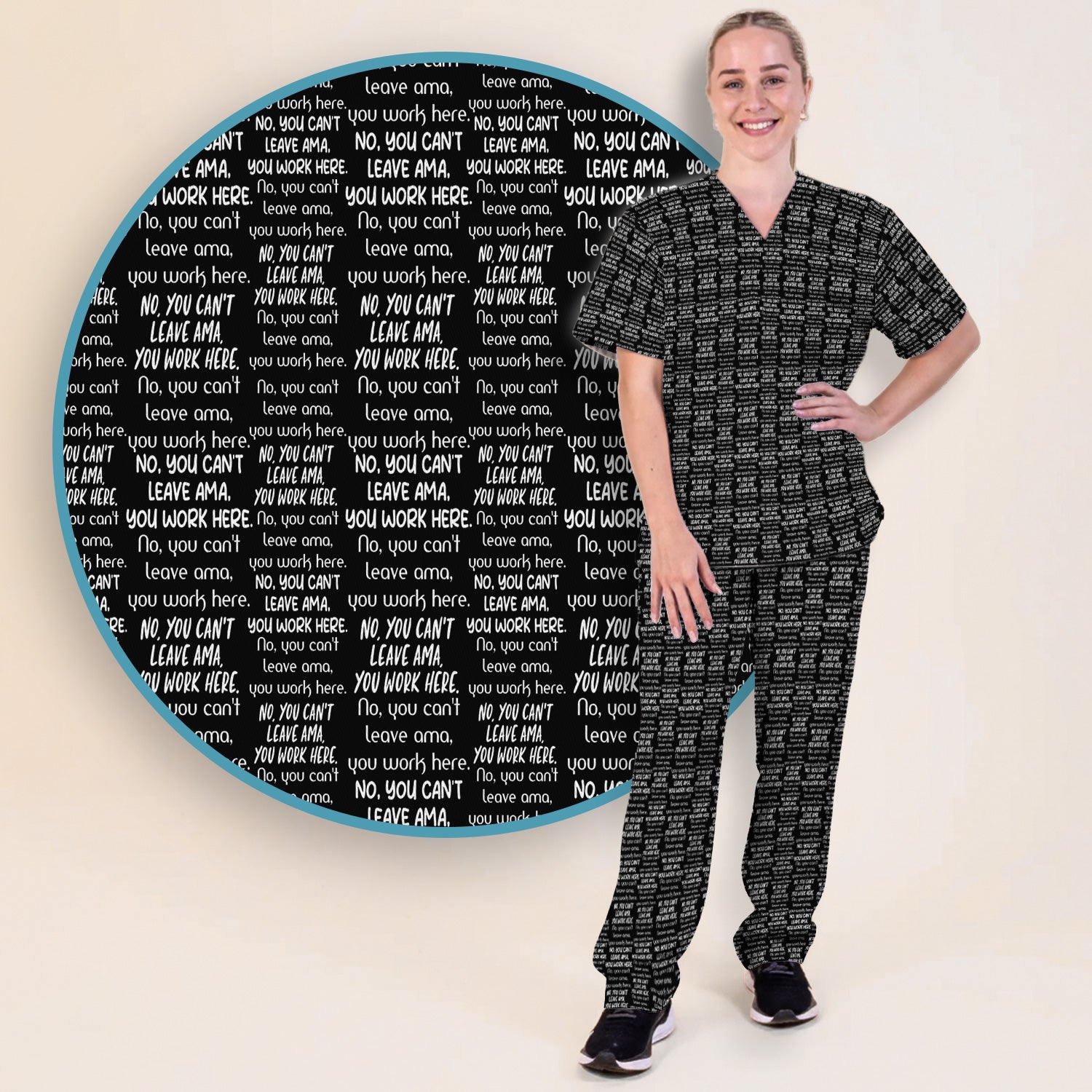 Funny Repeating Nurse Work Quote Text Pattern Scrub Set, Scrub Pants and V Neck Top