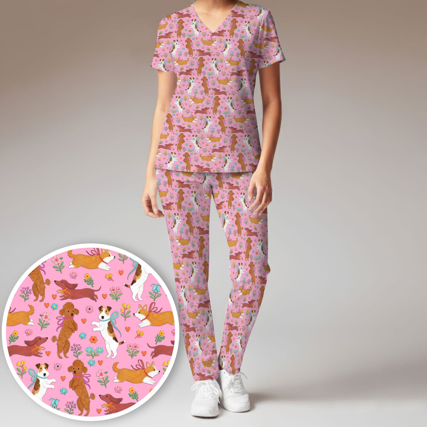 Cute Cartoon Dog Print Women's Scrub Set, Scrub Pants and V Neck Top