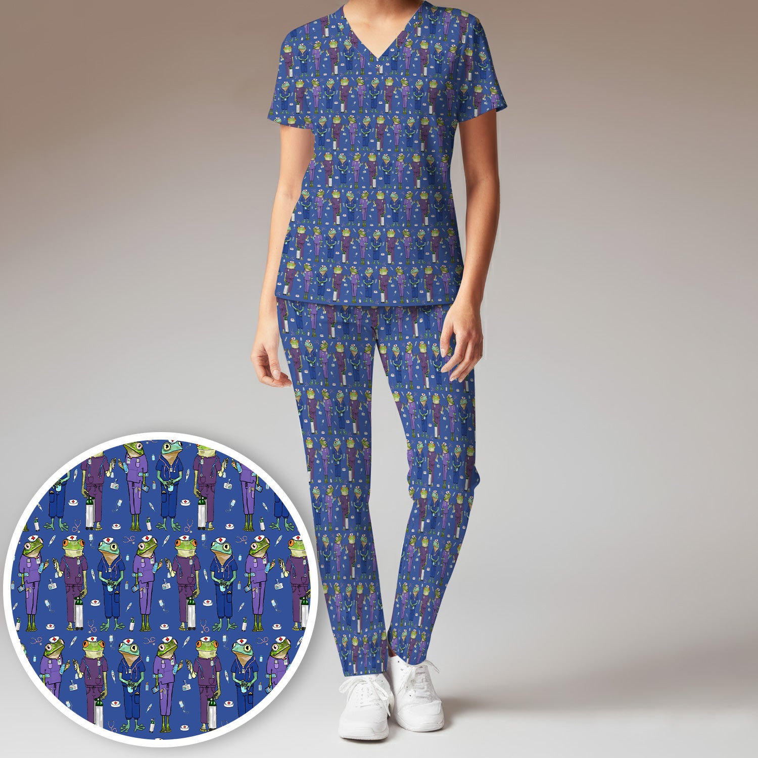 Frog Nurse Pattern V Neck Medical Scrub Set for Healthcare Workers