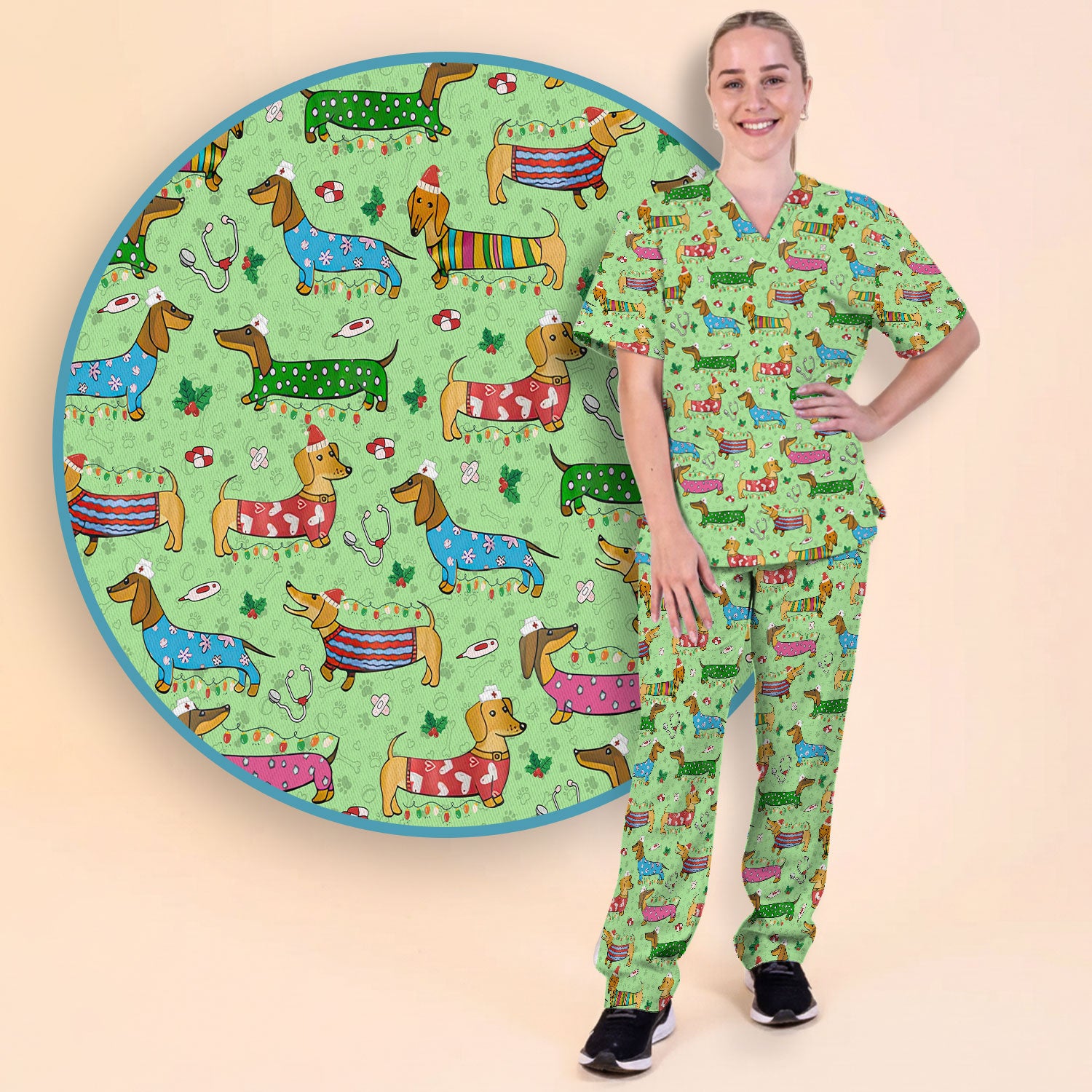 Christmas Scrub Set for Women - Funny Dachshund Scrubs Pants and V Neck Top - Cute Holiday Medical Uniform Gift for RN LPN CNA