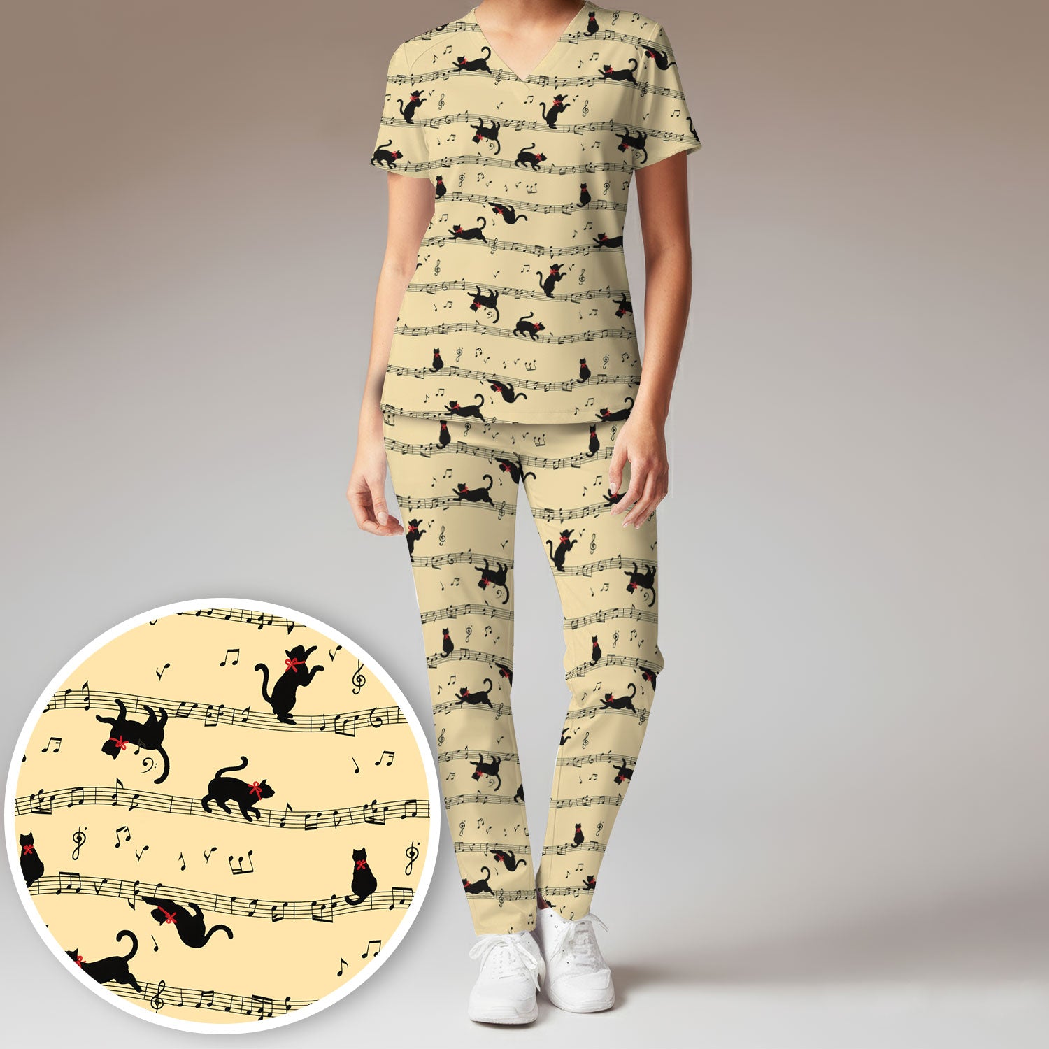 Cute Dancing Black Cat Music Staff Pattern Scrub Set, Scrub Pants and V Neck Top