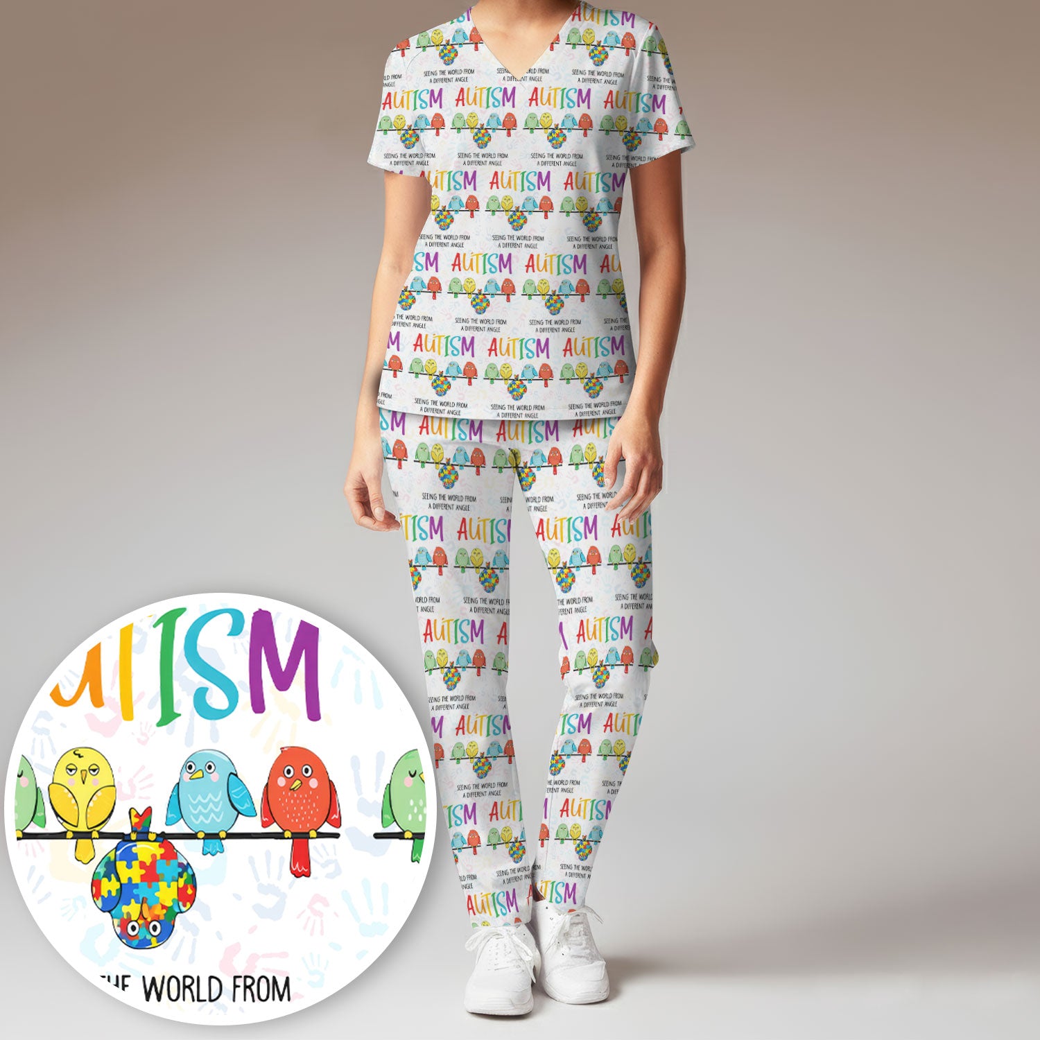 Autism Seeing The World From A Different Angle Birds Scrub Set, Breathable Med Uniform