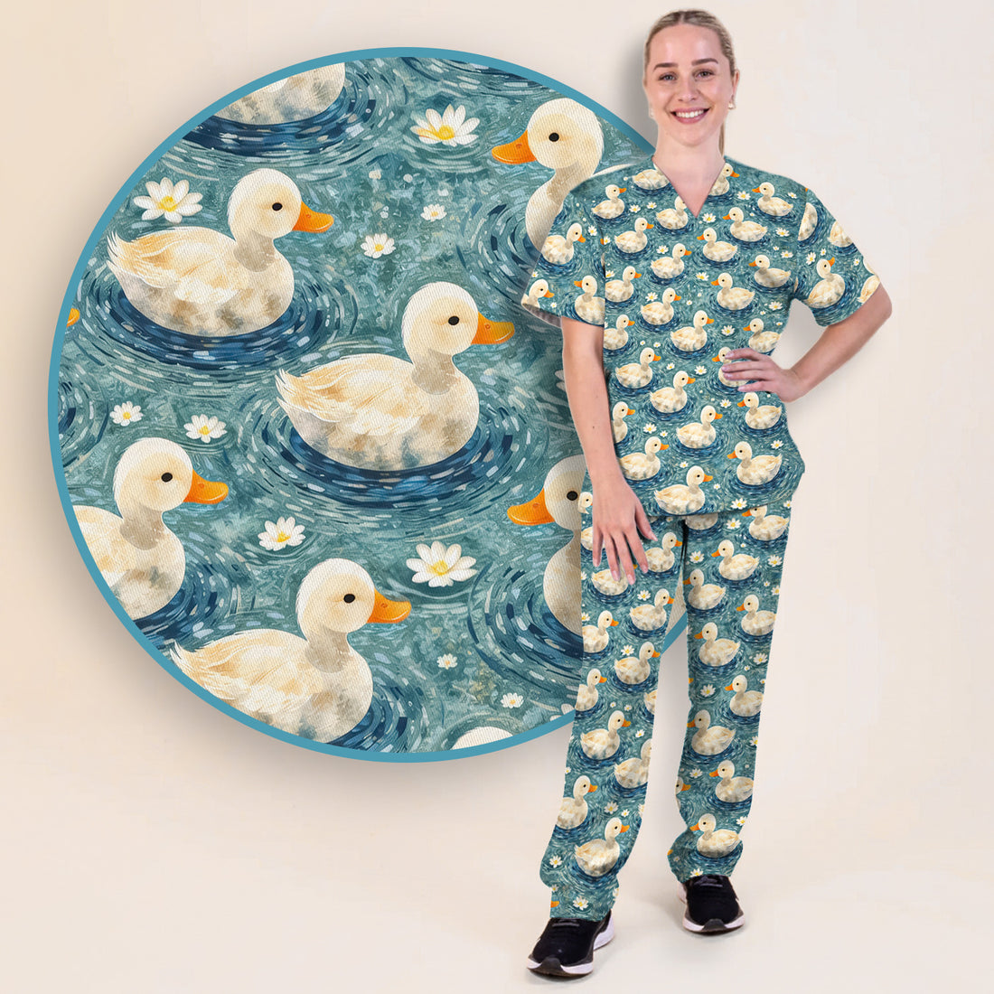 Charming Duck Pond Scrub Set, Peaceful Waterfowl Print Nursing Uniform, Scrub Pants and V Neck Top