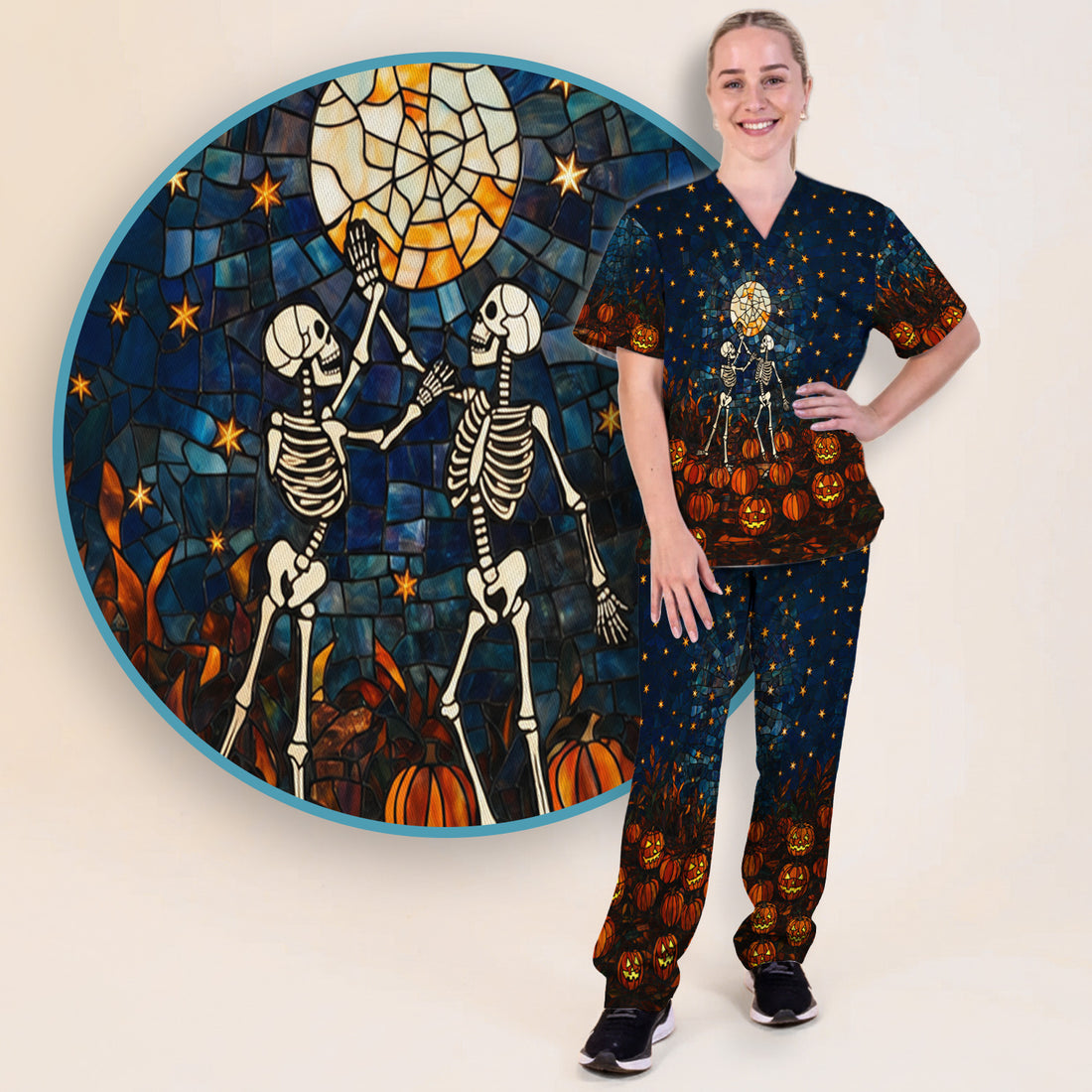 Halloween Skeleton Pumpkin Patch Scrub Set, Scrub Pants and V Neck Top