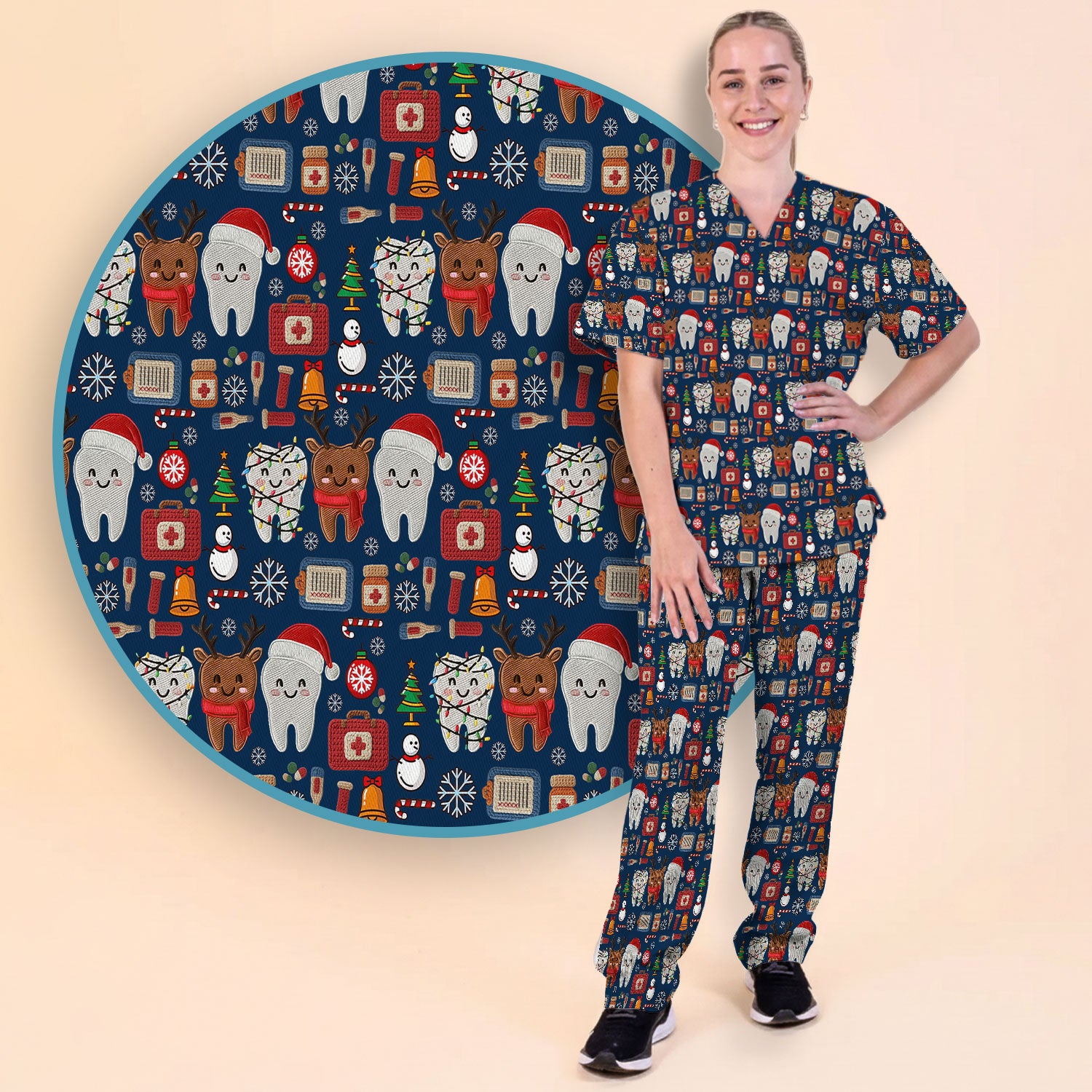 Christmas Dental Scrub Set - Cute Santa & Reindeer Tooth Pants and V Neck Top - Funny Gift for Dentists, Hygienists, Nurses