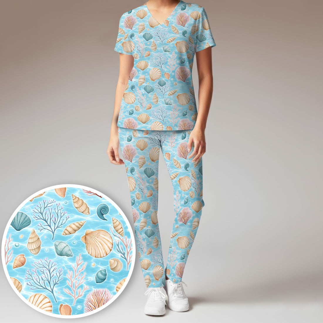 Cute Nurse Coastal Seashell And Coral Reef Scrub Set, Scrub Pants and V Neck Top