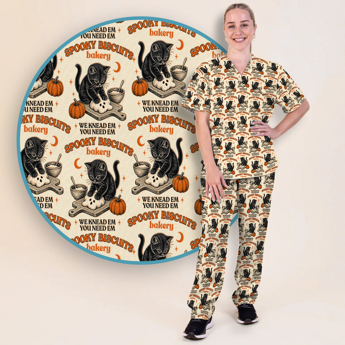 Funny Halloween Black Cat Scrub Set, Scrub Pants and V Neck Top