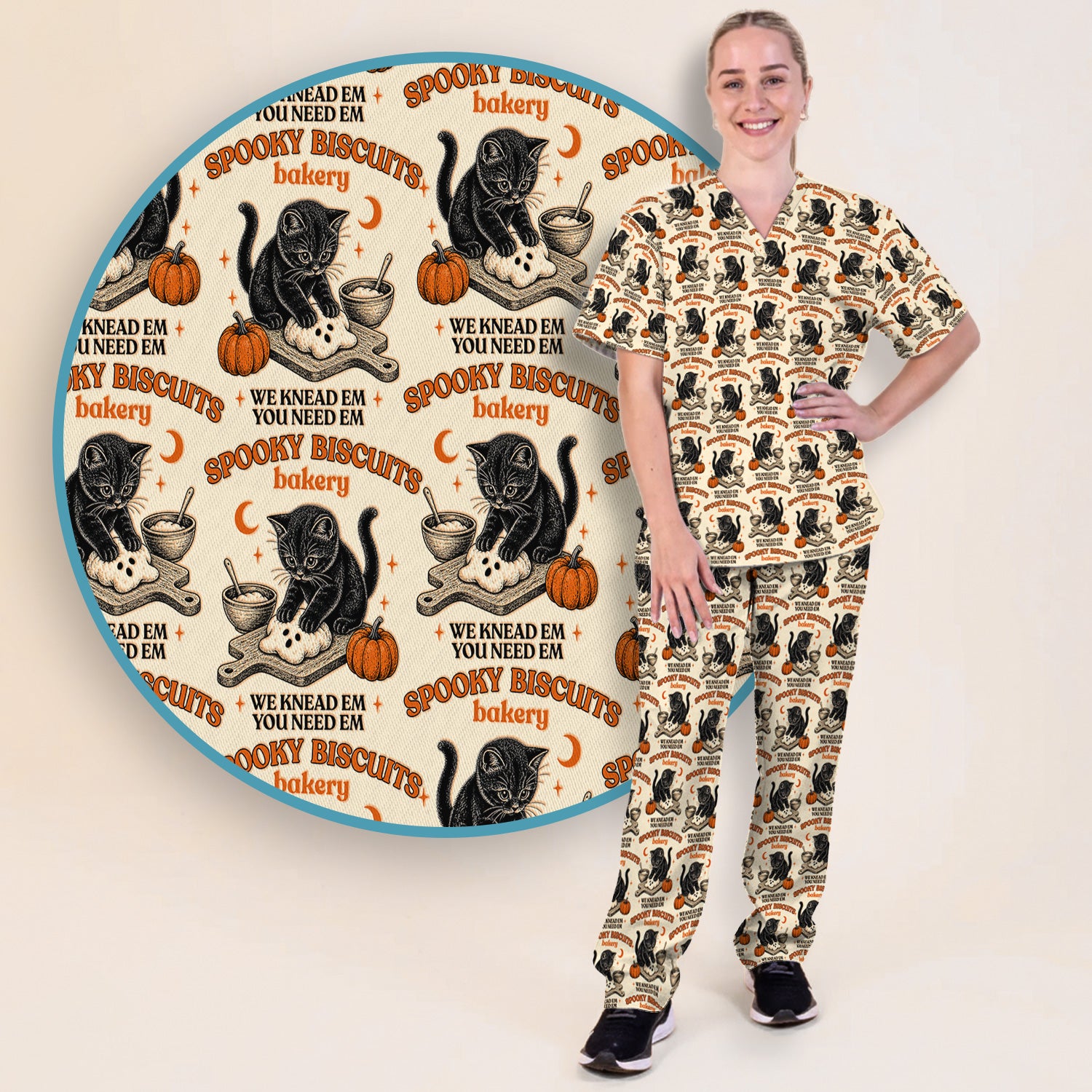 Funny Halloween Black Cat Scrub Set, Scrub Pants and V Neck Top