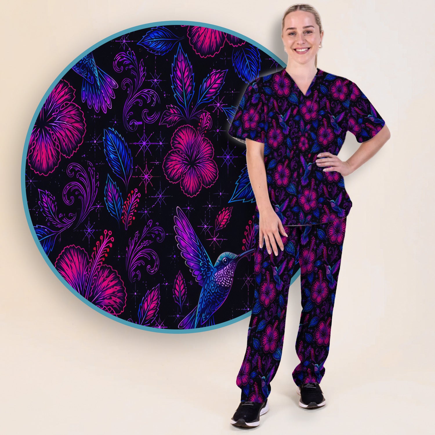 Tropical Hummingbird Hibiscus Floral Pattern Scrub Set, Scrub Pants and V Neck Top