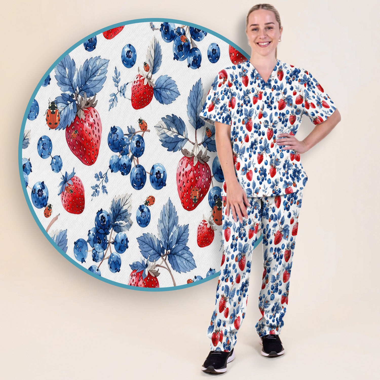 Cute Strawberry Blueberry Ladybug Pattern Scrub Set, Scrub Pants and V Neck Top