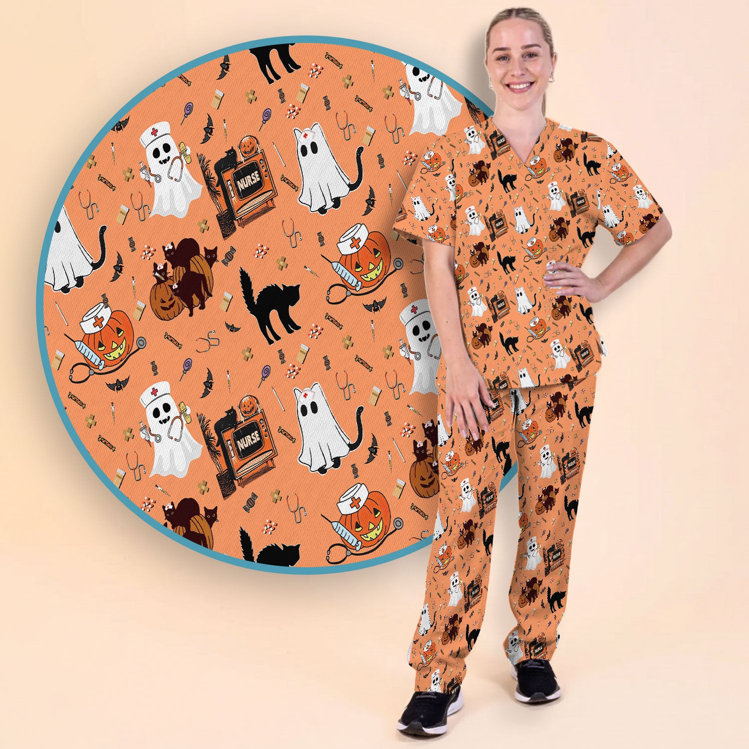 Halloween Scrub Set for Nurse - Cute Pumpkin Ghost Cat Medical Pants and V Neck Top - Spooky Uniform for Women RN CNA LPN