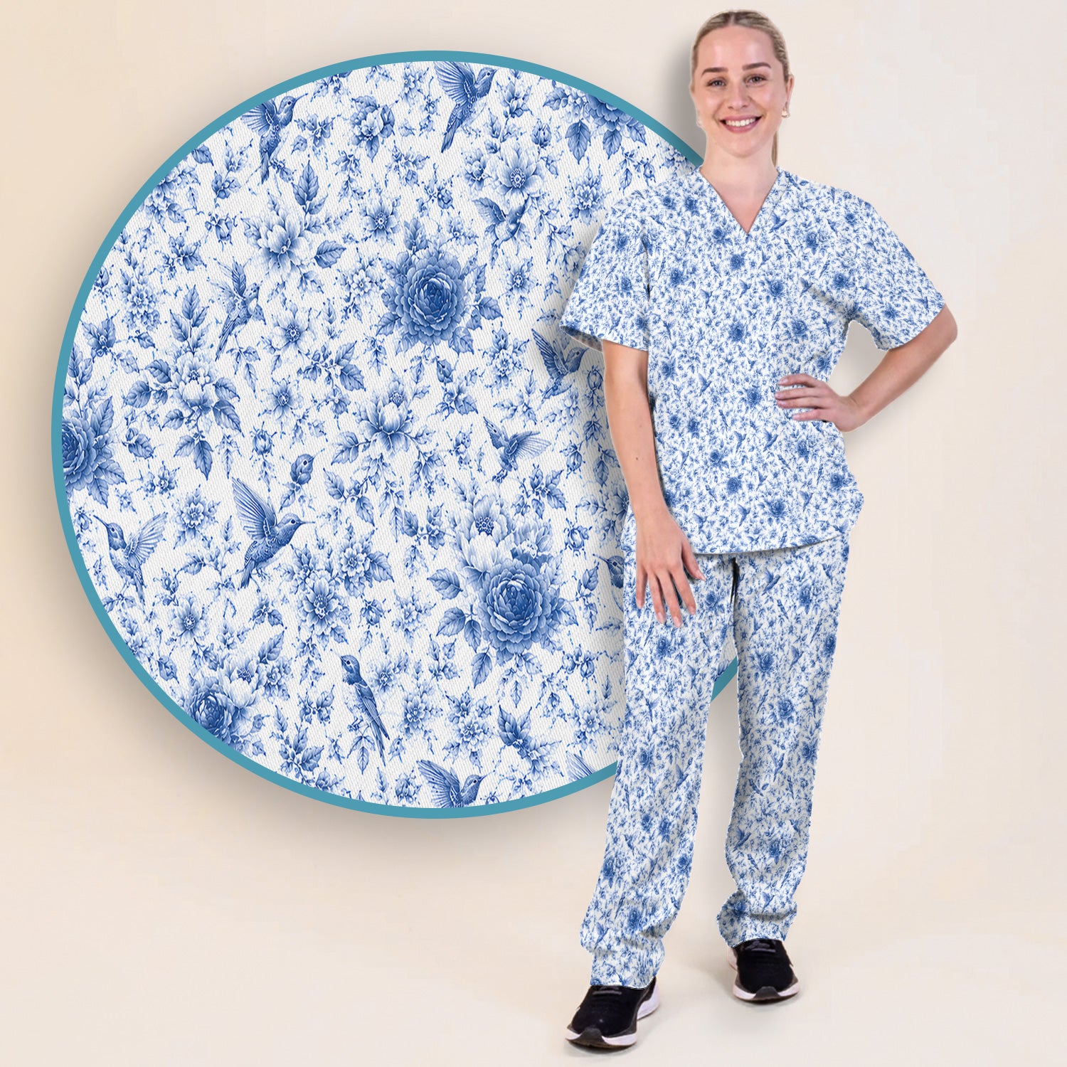 Blue Floral Hummingbird Toile Pattern Scrub Set, Scrub Pants and V Neck Top