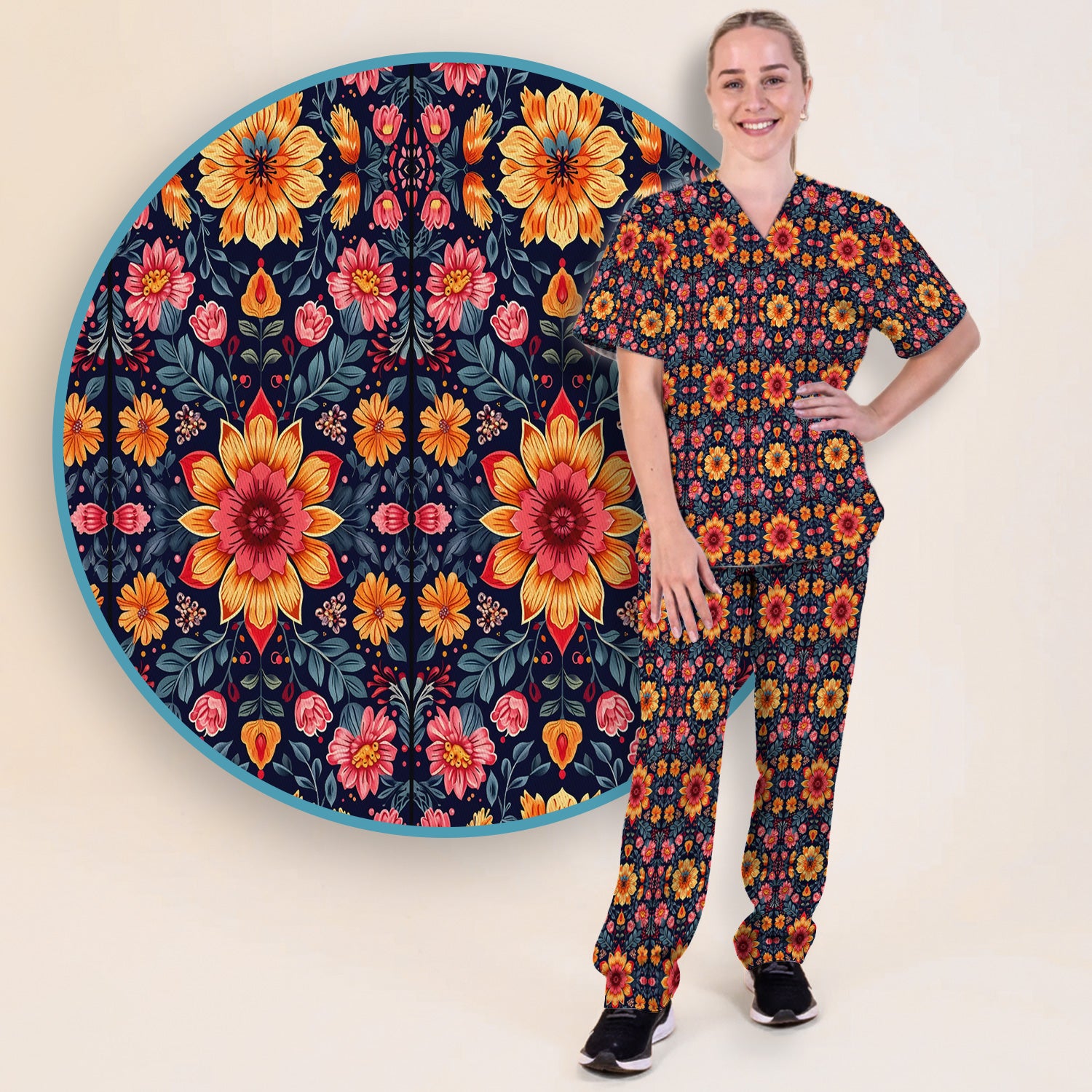 Elegant Dark Floral Pattern Scrub Set, Scrub Pants and V Neck Top
