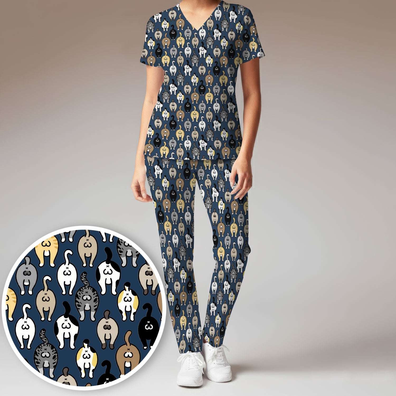 Cat Lover Nurse Scrub Set, Funny Cat Butt Pattern Medical Shirt, Breathable Fabrics Nursing Uniform