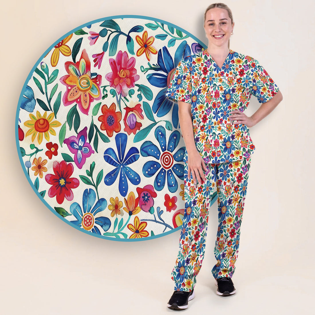 Colorful Folk Floral Print Scrub Set, Scrub Pants and V Neck Top