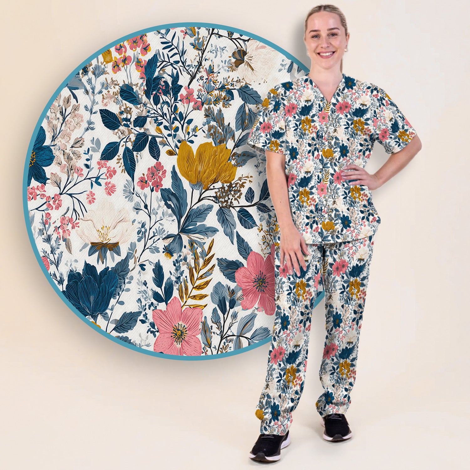 Elegant Floral Garden Bloom Pattern Scrub Set, Scrub Pants and V Neck Top