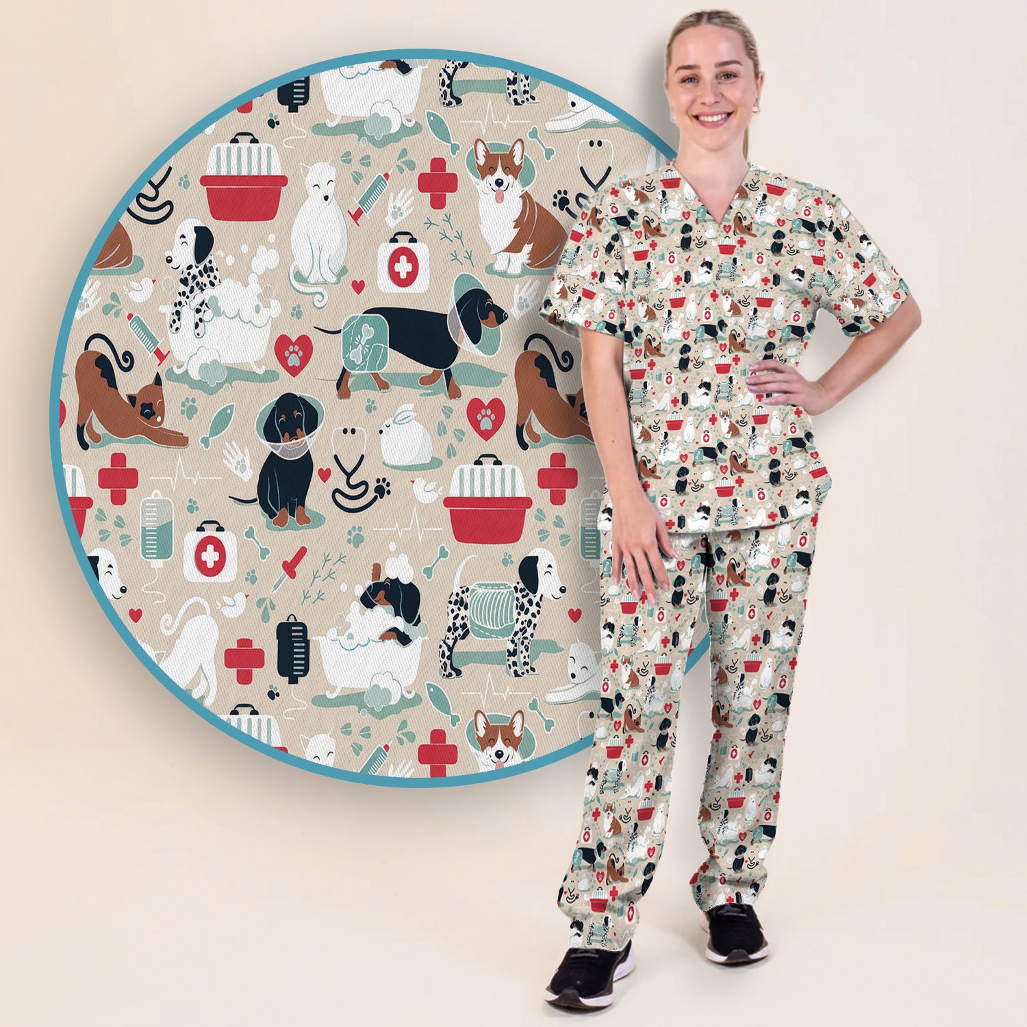 Dogs With Veterinary Tools And Paw Print Scrub Set, Breathable Med Uniform