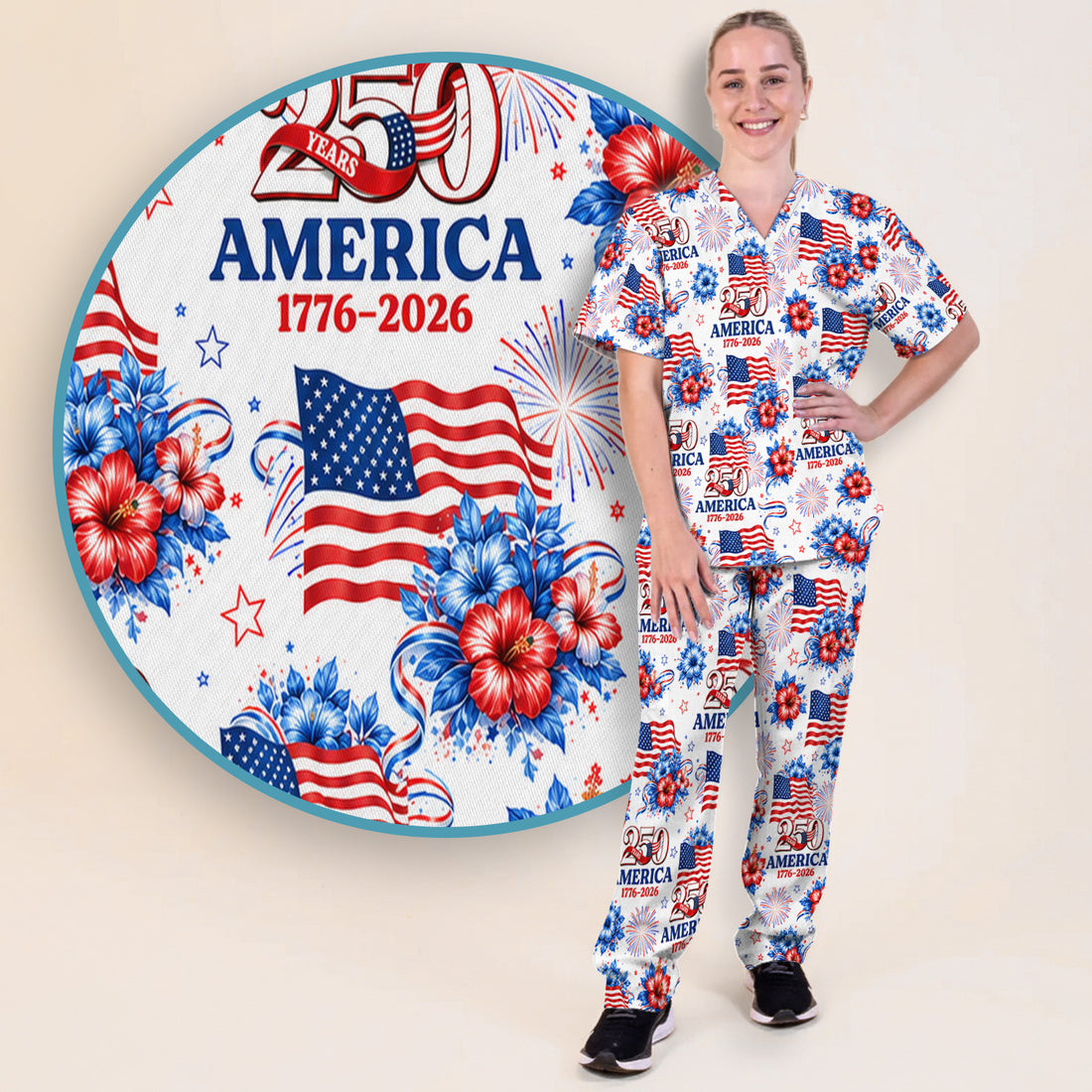 America 250 with Flag Firework Pattern Scrub Set, Scrub Pants and V Neck Top