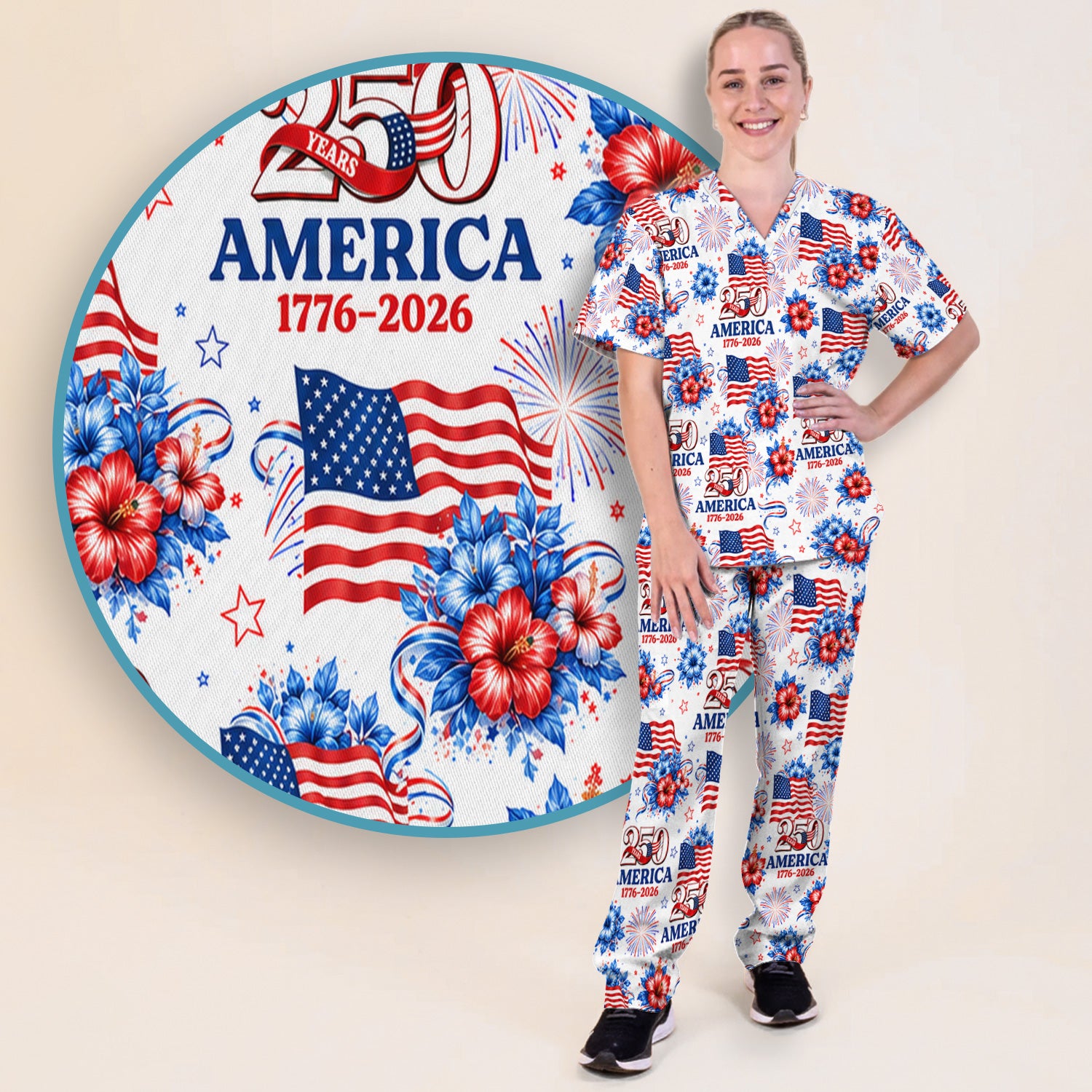 America 250 with Flag Firework Pattern Scrub Set, Scrub Pants and V Neck Top