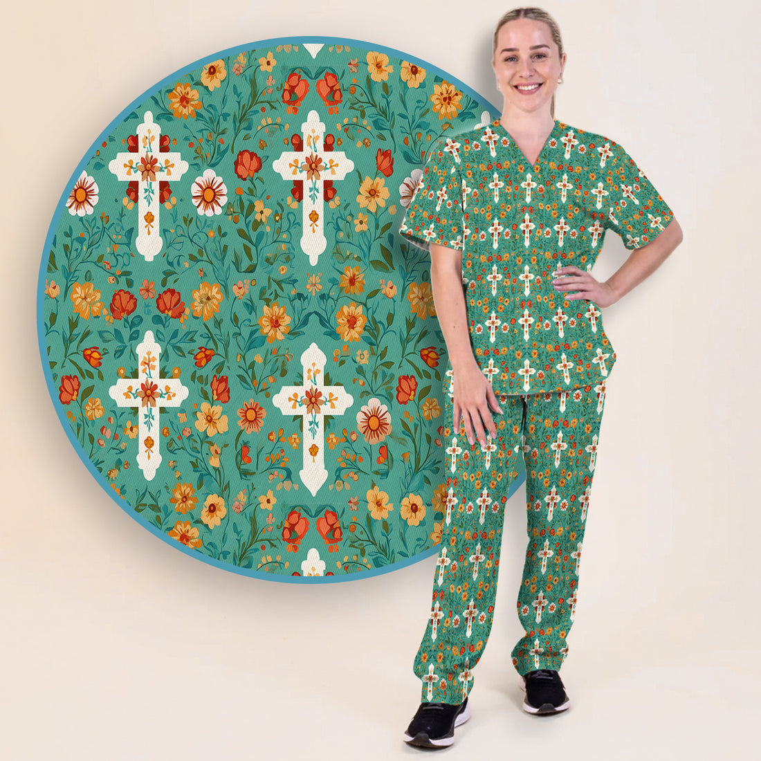 Christian Faith Floral Cross Pattern Scrub Set, Scrub Pants and V Neck Top