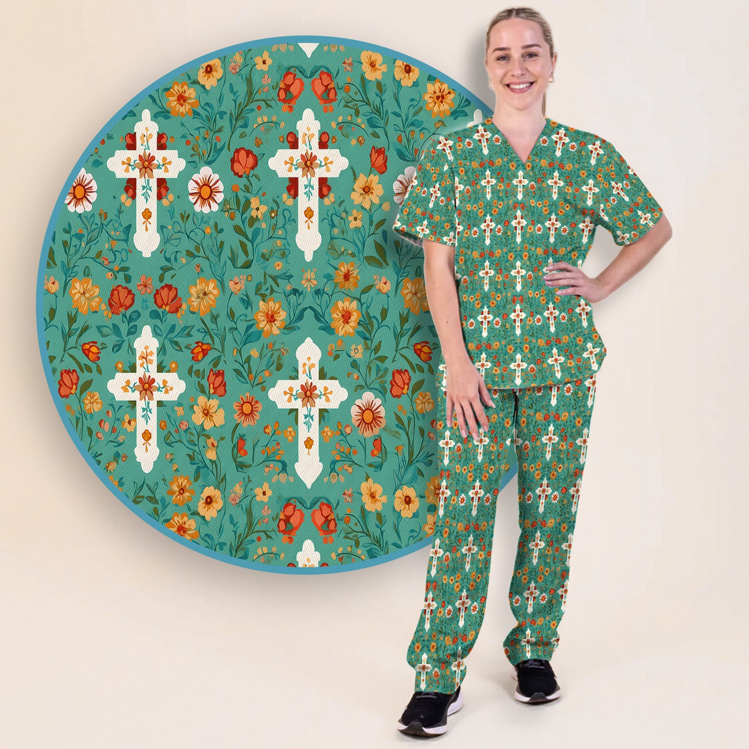 Christian Faith Floral Cross Pattern Scrub Set, Scrub Pants and V Neck Top