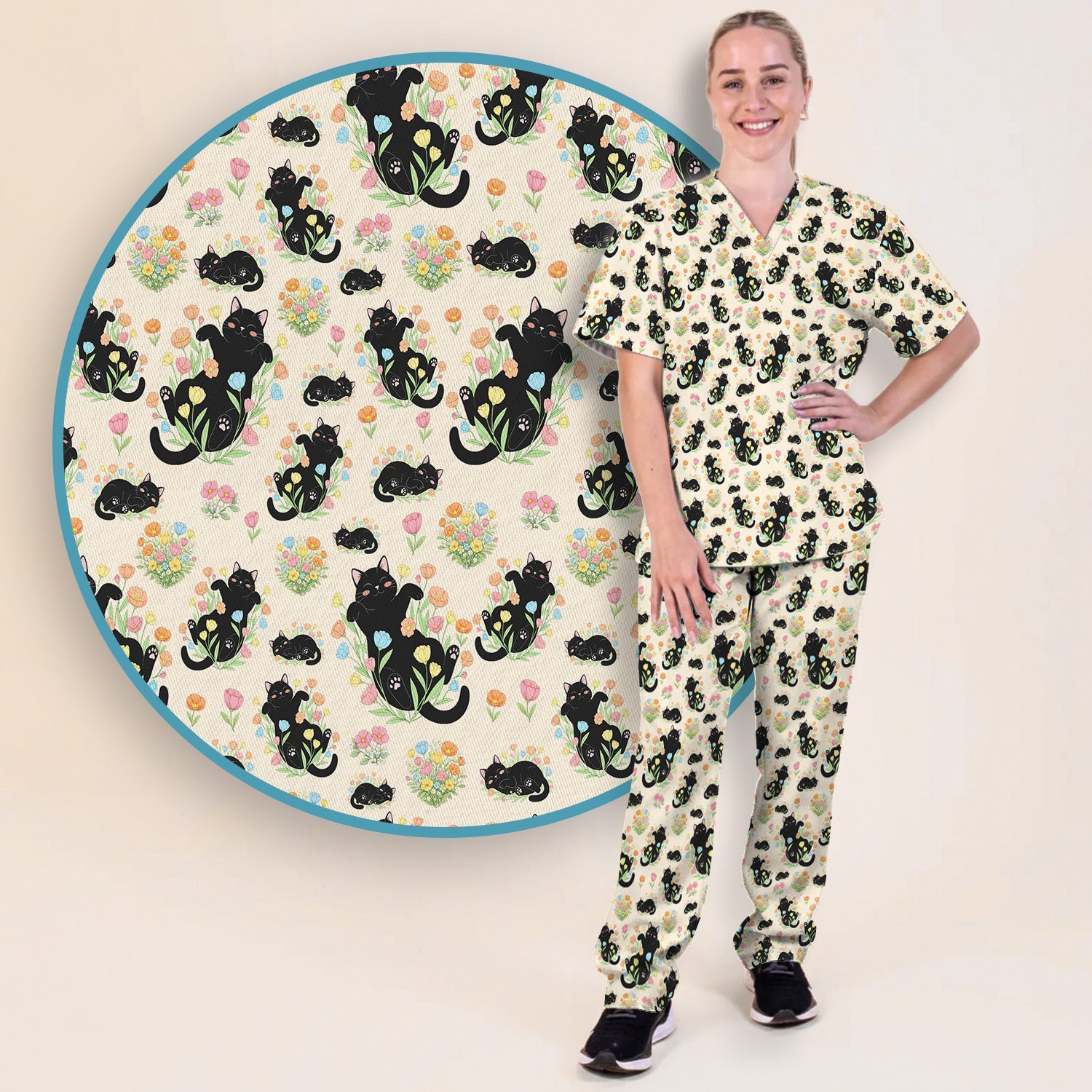 Cats With Cute Poses Floral Pattern Scrubs Sets, Scrub Pants and V Neck Top