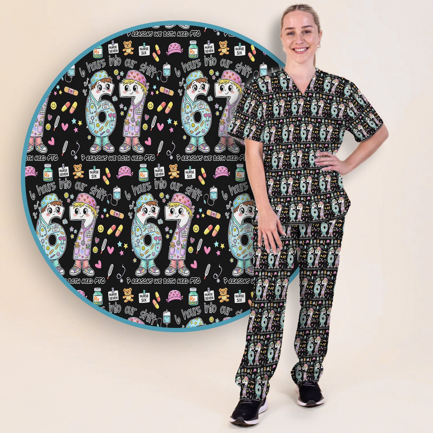 Cartoon Characters Six Hours Into Shift With Medical Doodle Scrub Set, Breathable Med Uniform