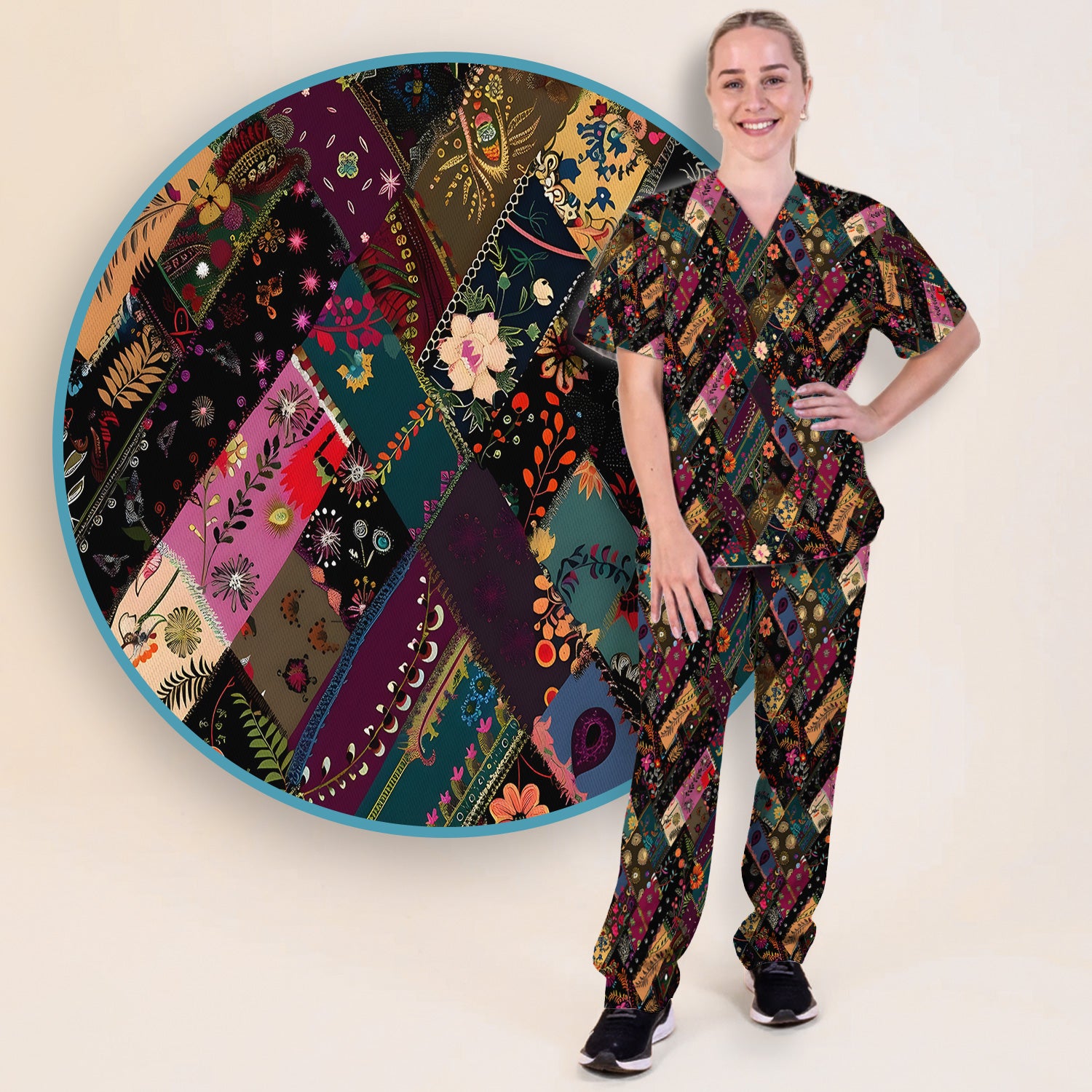 Colorful Bohemian Floral Patchwork Scrub Set, Scrub Pants and V Neck Top