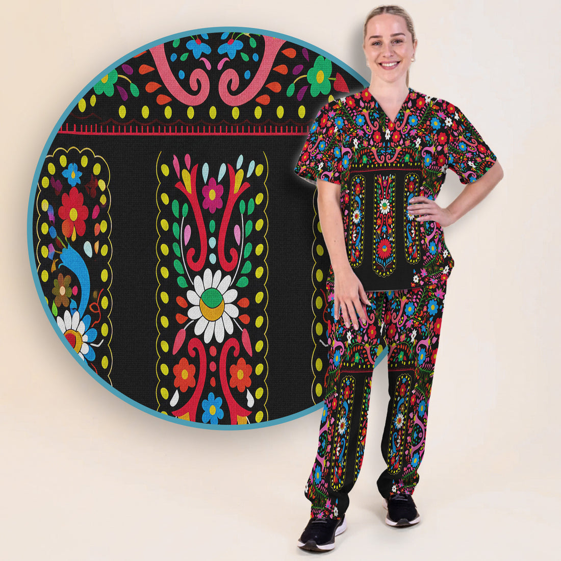Colorful Folk Art Floral Pattern Scrub Set, Scrub Pants and V Neck Top