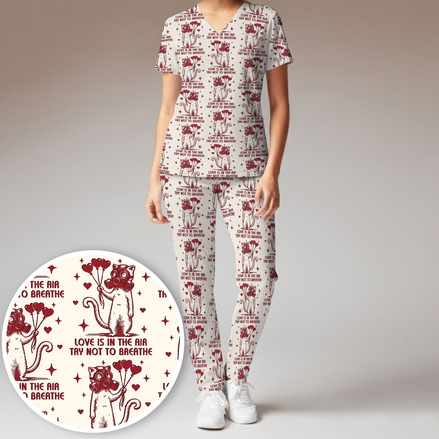 Gas Mask Cat Heart Balloon Valentine Print Scrub Set, Breathable Med Uniform