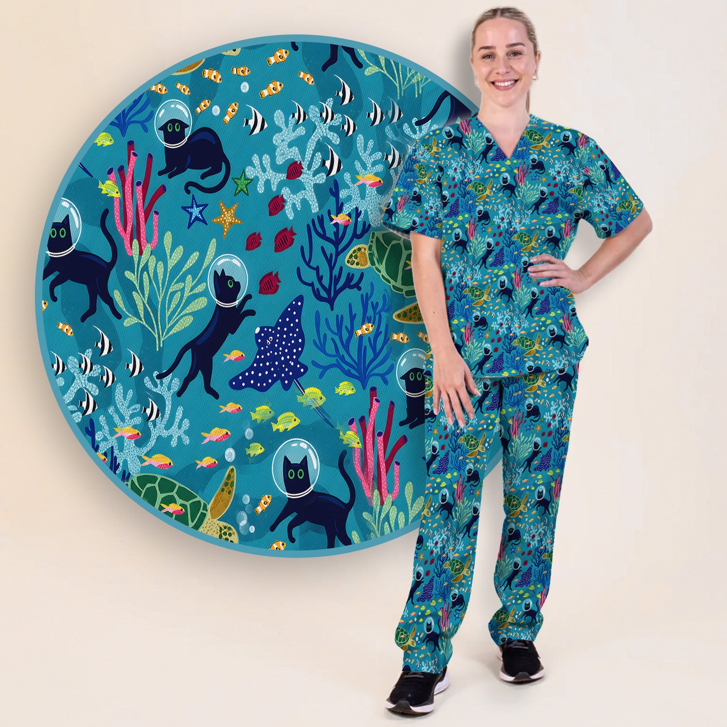 Underwater Cat Turtle Veterinary Pattern Scrub Set, Scrub Pants and V Neck Top