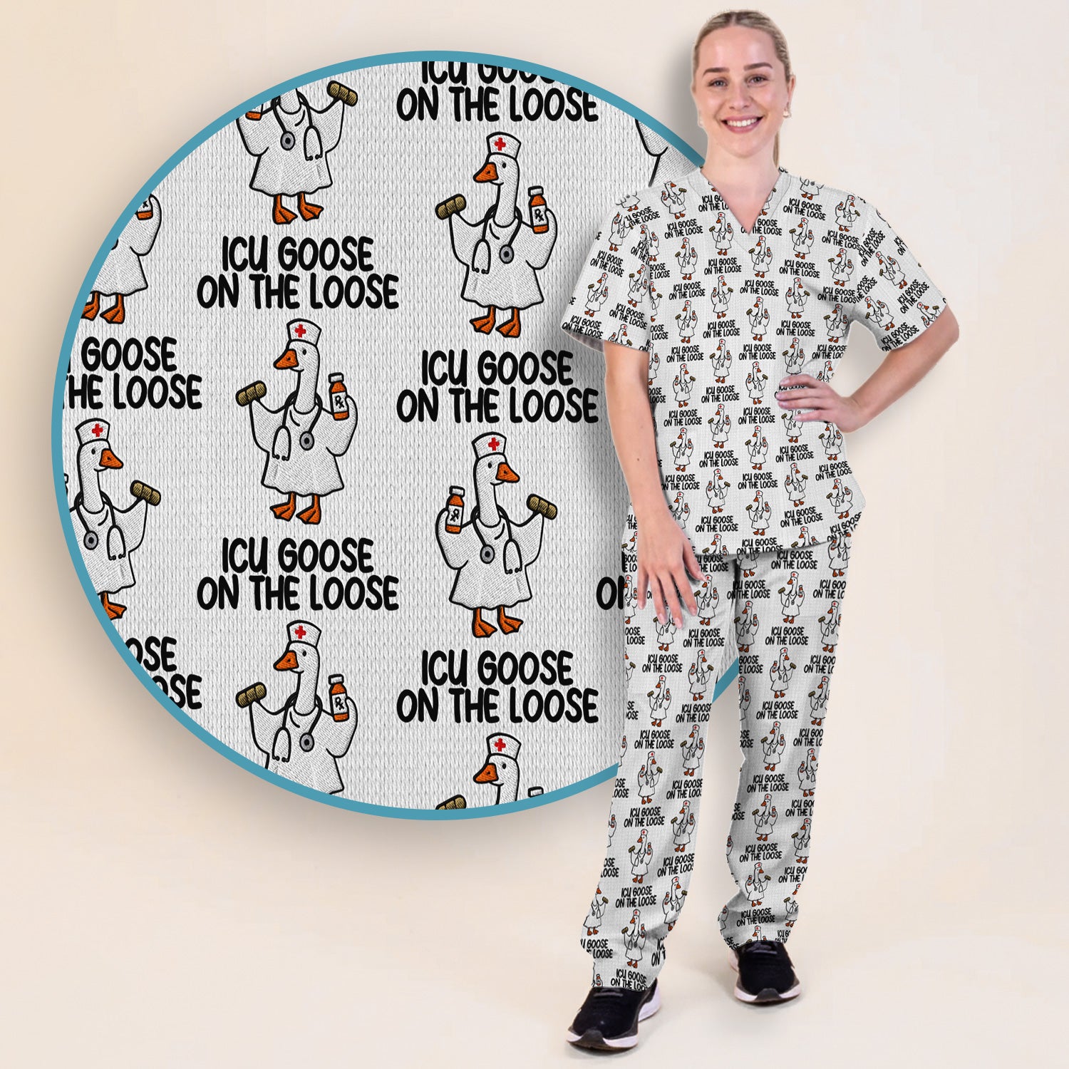 Funny ICU Goose On The Loose Nurse Pattern Scrub Set, Scrub Pants and V Neck Top