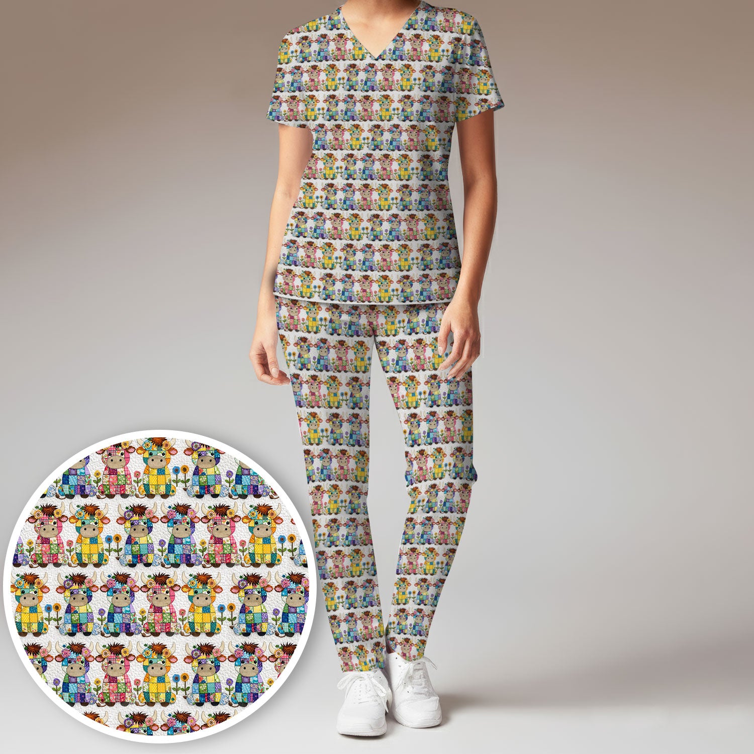 Cute Patchwork Cow With Flowers Pattern Scrubs Sets, Breathable Med Uniform