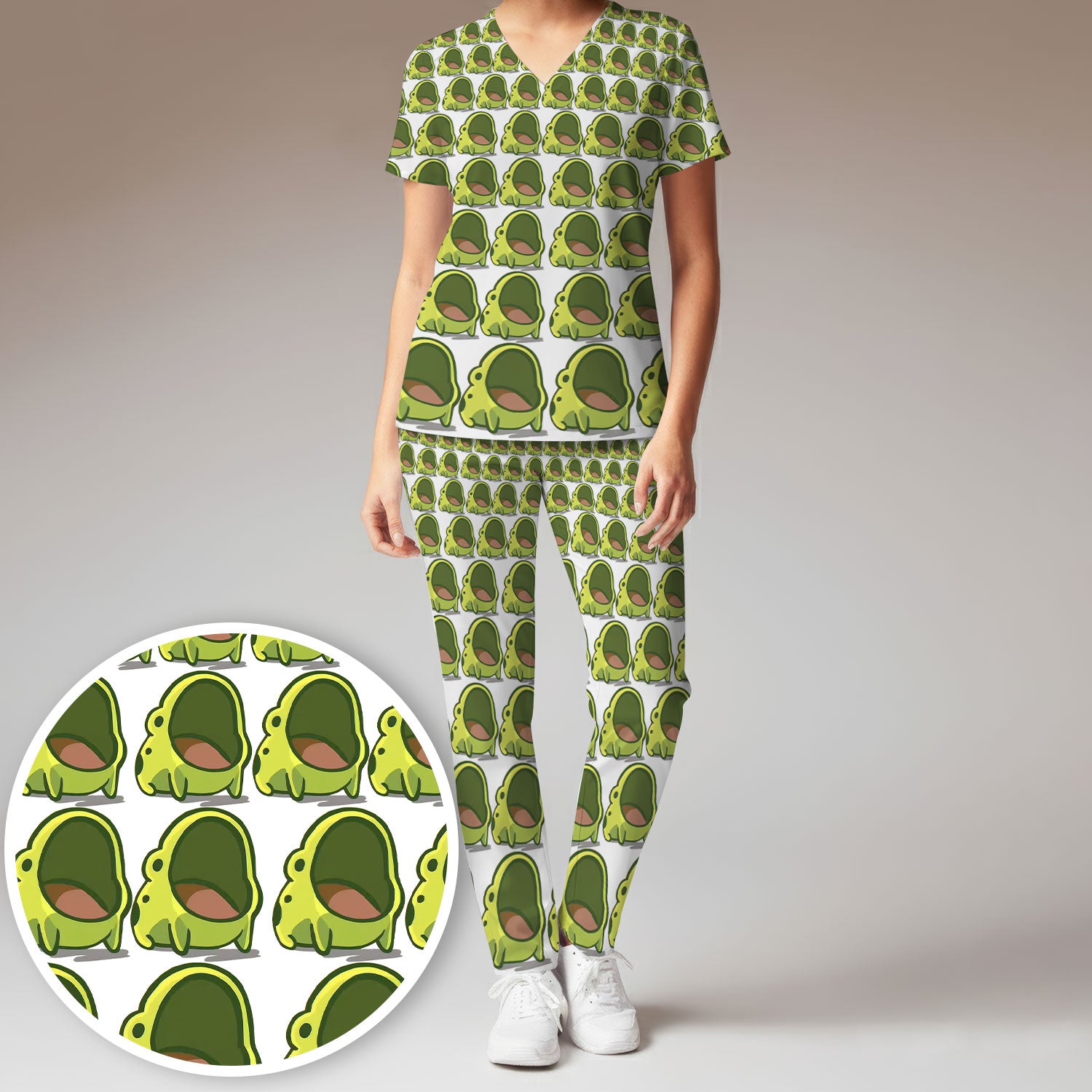 Cute Green Frog Cartoon Print Scrub Set, Scrub Pants and V Neck Top