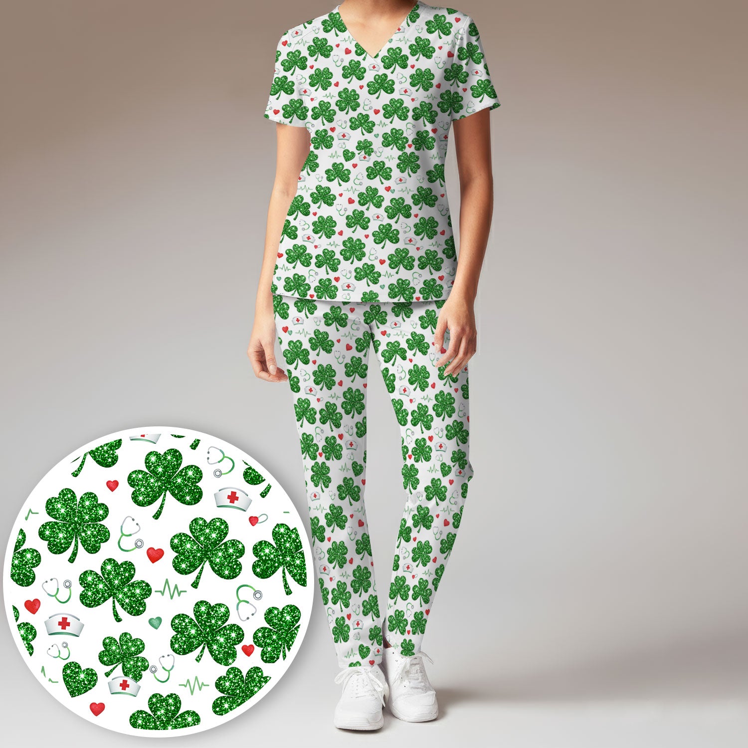 St. Patrick’s Day Nurse Scrub Set, Green Clover Medical Pattern Shirt, Breathable Fabrics Nursing Uniform