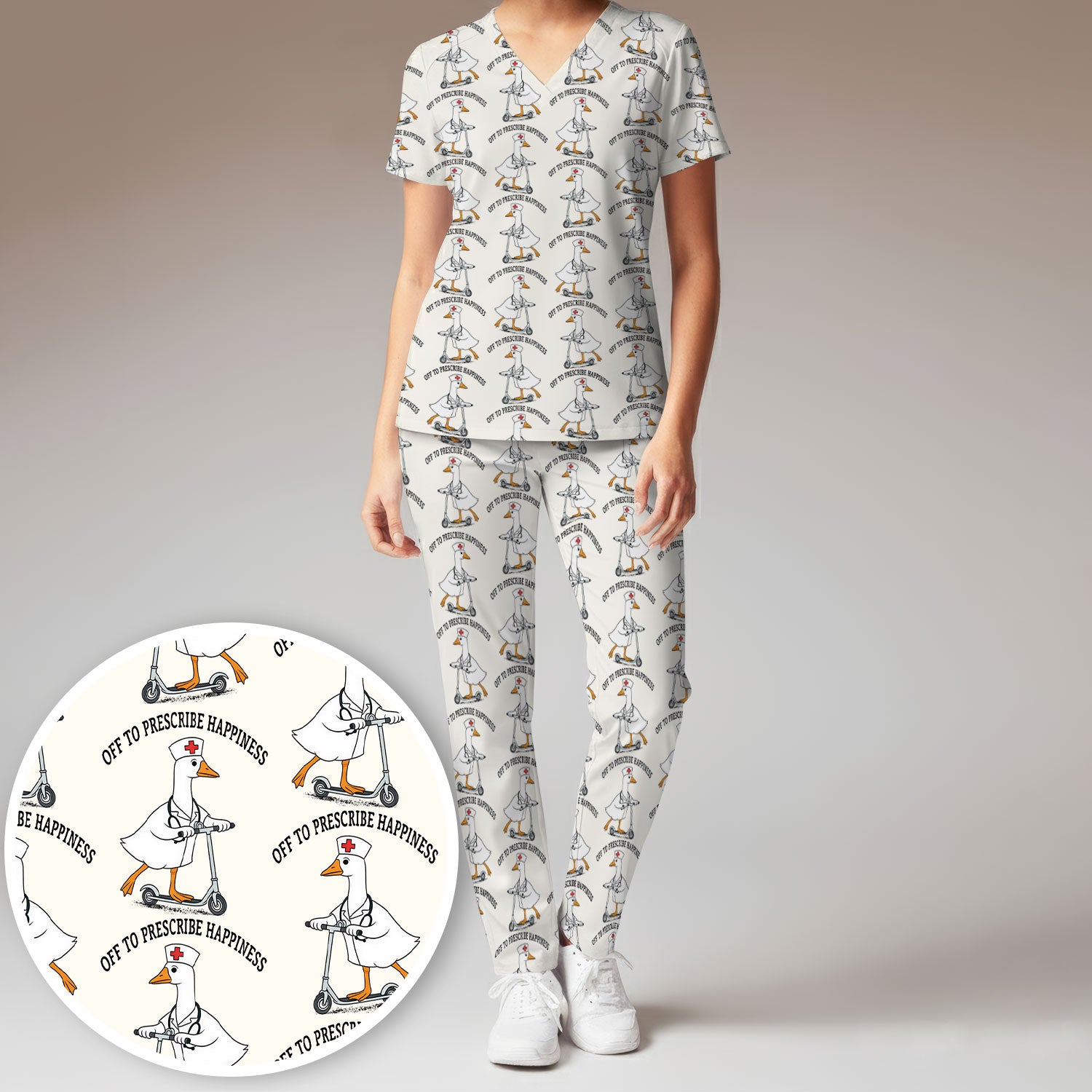 Nurse Goose Scooter Print Scrub Set, Breathable Med Uniform