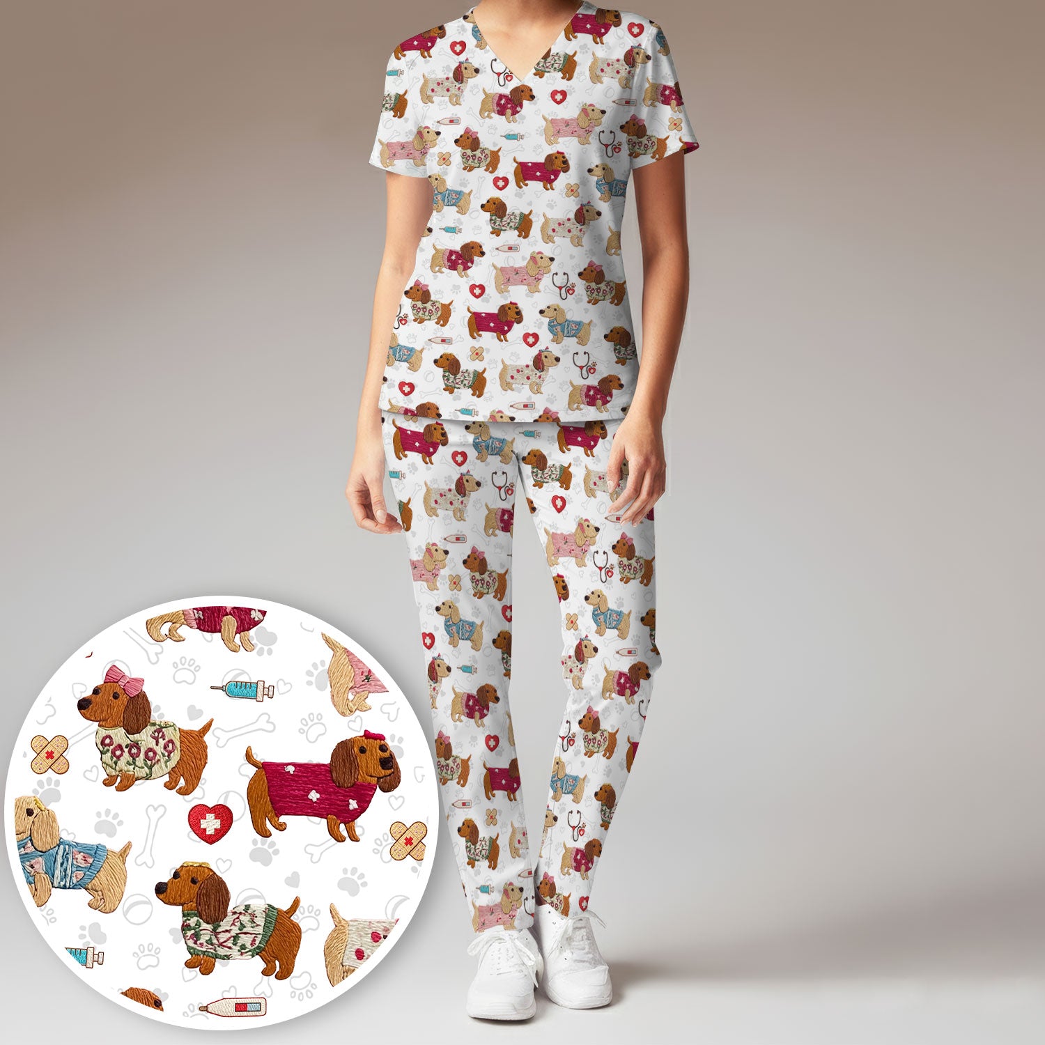 Cute Medical Wiener Dog Pattern Nurse Shirt, Dachshund Nursing Scrub Set, Breathable Fabrics Nursing Uniform