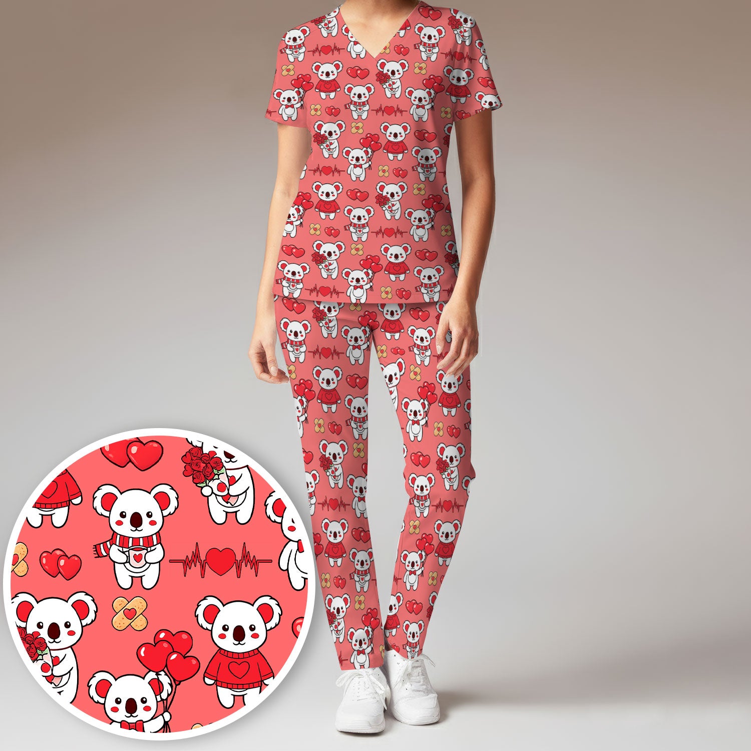 Sweet Koala Valentine Medical Design Scrub Set, Breathable Med Uniform