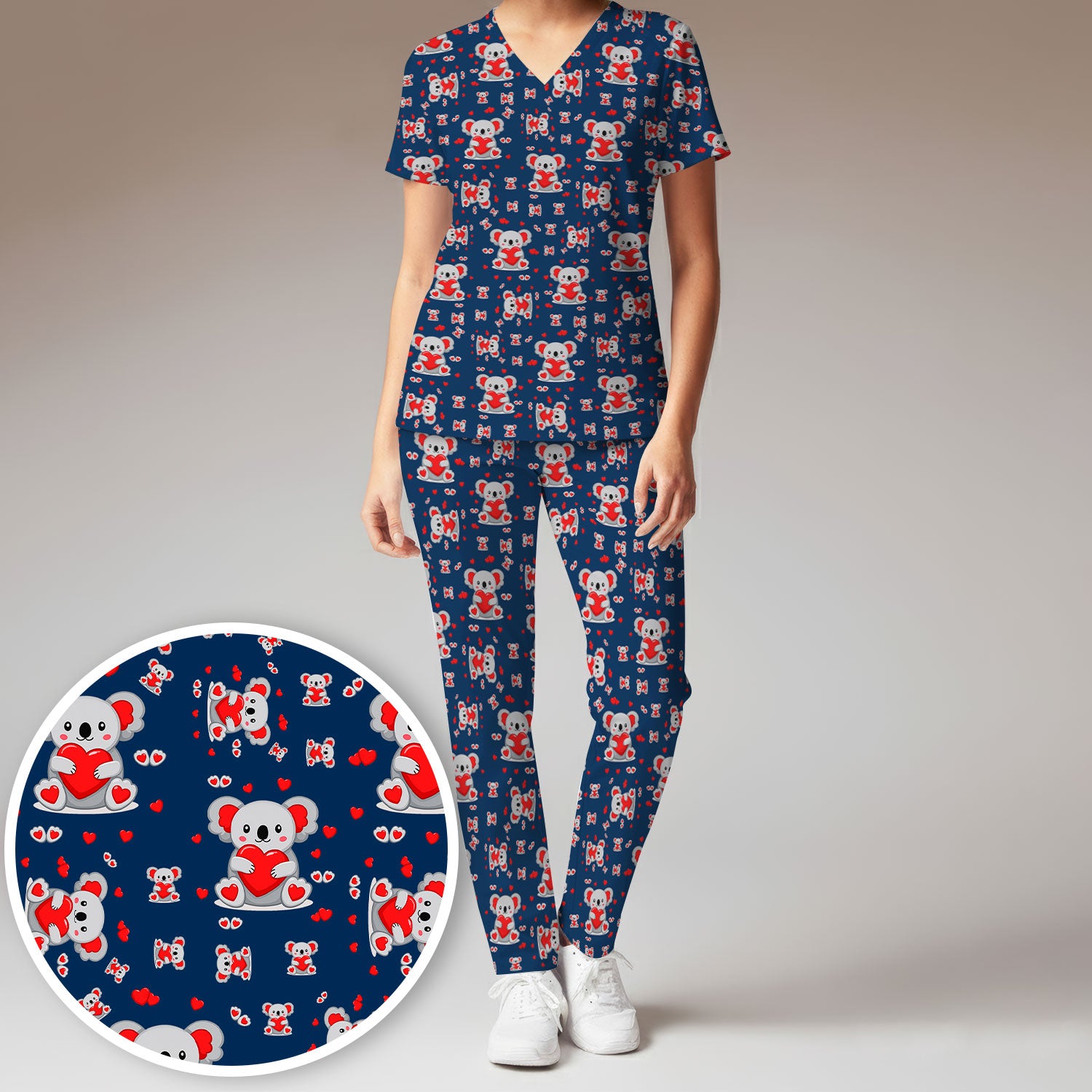 Valentine Cute Koala Heart Pattern Medical Outfit, Women's Scrub Sets