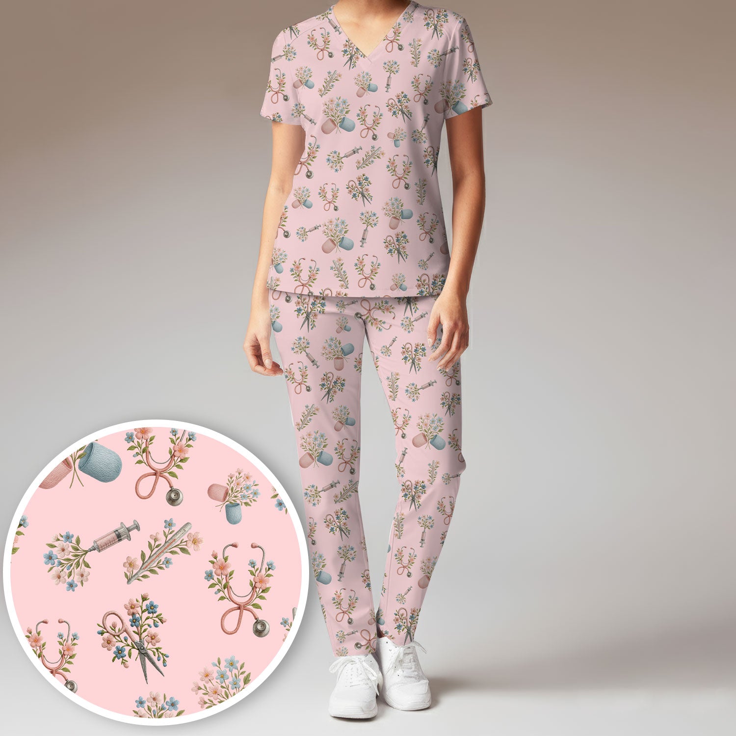 Floral Medical Scrub Set, Elegant Stethoscope With Flower Nursing Shirt, Breathable Fabrics Nurse Uniform