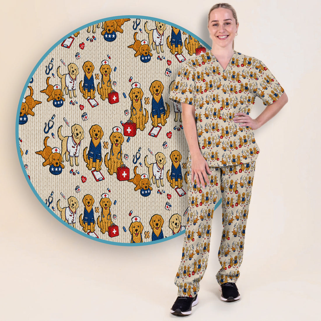 Golden Retriever Nurse Dog Pattern Scrub Top, Breathable Fabrics Nursing Uniform Scrub Set, Scrub Pants and V Neck Top