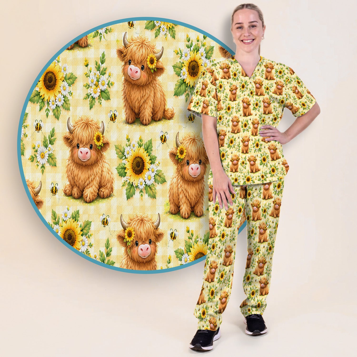 Sunflower Highland Cow And Bee Pattern Scrub Set, Scrub Pants and V Neck Top