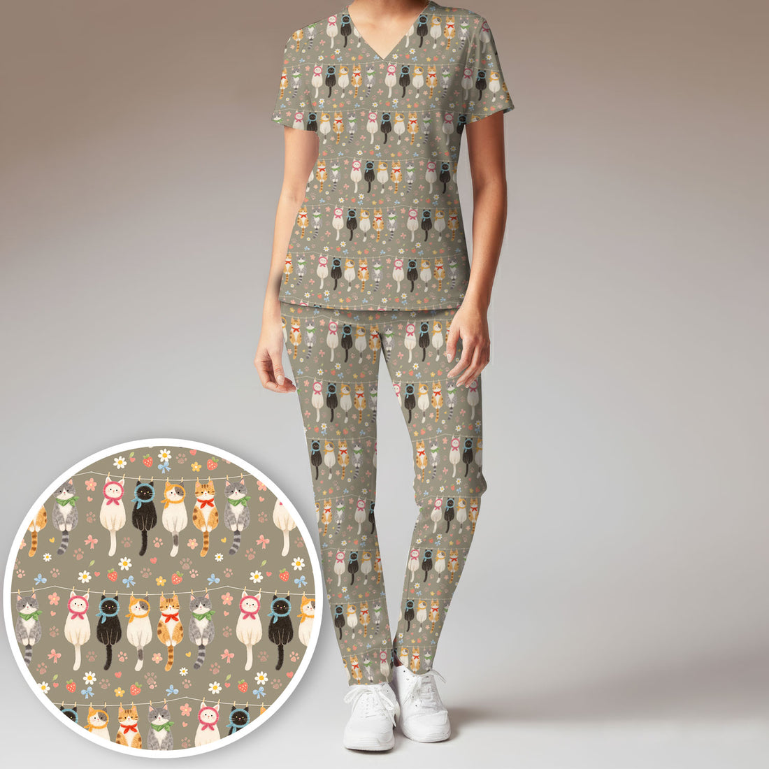 Cute Cat Clothesline Pattern Scrub Top, Scrub Pants and V Neck Top