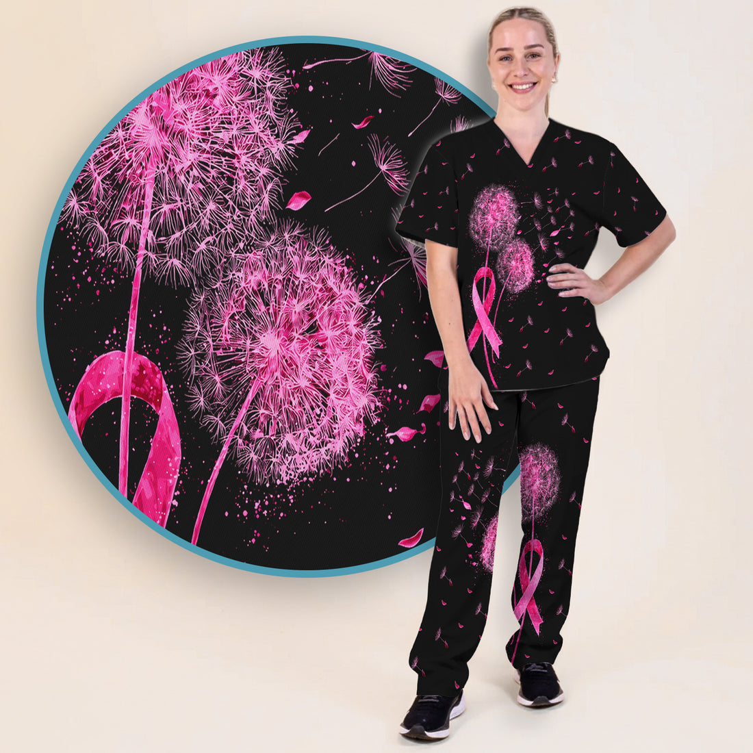 Meaningful Pink Ribbon Dandelion Scrub Set, Scrub Pants and V Neck Top